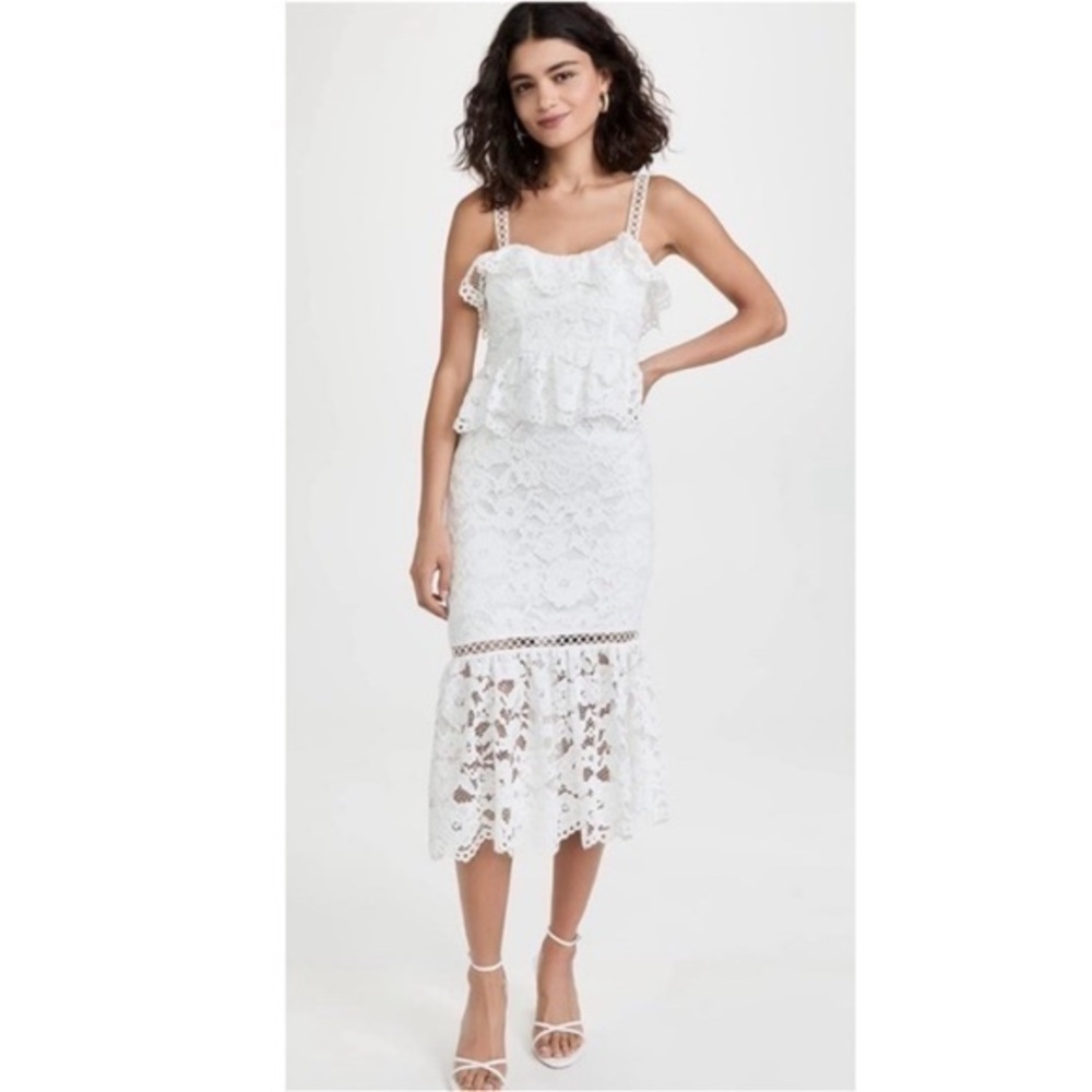 New. ▶️ Likely ◀️ White Eyelet Peplum Leigh Midi Dress. Size 2